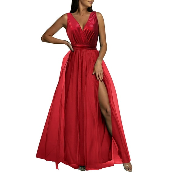 KaLI_store Formal Dresses for Women Wedding Guest Dresses for Women Formal V Neck Floor Length Long Maxi Dress Evening Party Red,XL