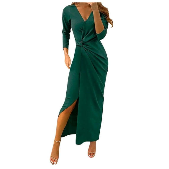 KaLI_store Formal Dresses for Women Wedding Guest Womens Wrap V Neck Dresses for Wedding Guest Casual Pleated Long Sleeve Mini Dress Green,XL
