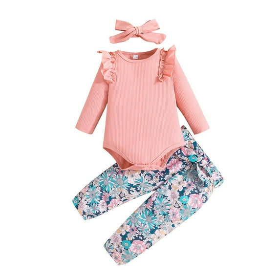 KaLI_store Girl Outfit Set Girls Clothes Ribbed Ruffled Romper+Floral Pants Outfit Set Red,18