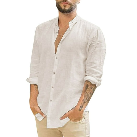 KaLI_store Hawaiian Shirt for Men Mens Long Sleeve Button Down Shirts Casual Spread Collar Cotton Linen Striped Work Shirts V Neck Summer Beach Tops Beige,M