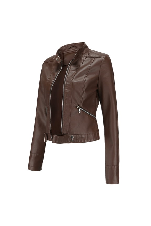 Jacket for Women Women's Leather Jacket Long Puff Sleeve Zip Up PU Peplum Jacket Coat Brown,S