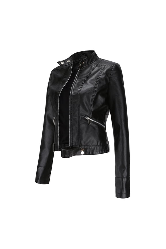 Jackets for Women Women's Leather Textured Short Moto Jacket Zip-up Slim PU Biker Coat with Pockets Black,L