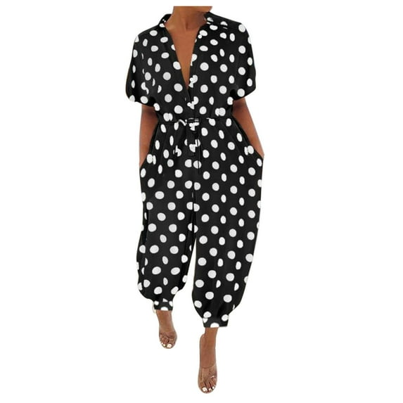 KaLI_store Jumpsuits for Women Dressy Women Short Sleeve V Neck Button Belted Wide Leg Jumpsuits with Pockets Black,5XL