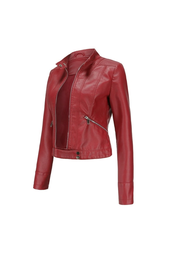 Leather Jacket Women Women Leather Casual Jacket, Fall and Spring Fashion Motorcycle Bike Coat Red,L
