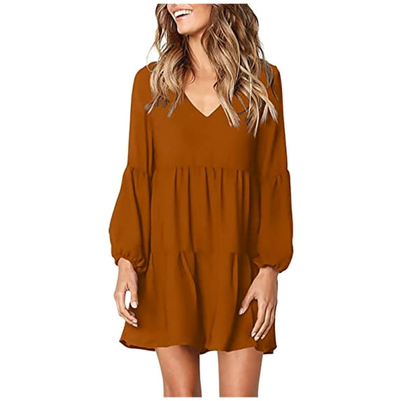 KaLI_store Long Sleeve Dresses for Women Womens V Neck Dresses Lantern Long Sleeve Lace Trim Midi Dress Tassel Belt Shirt Dress Brown,Small