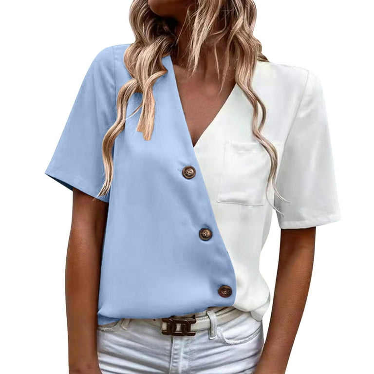 KaLI_store Short Sleeve Shirts for Women Womens Button Down Shirts Stretchy  Long Sleeve Basic Work Formal Casual Blouse Blue,M