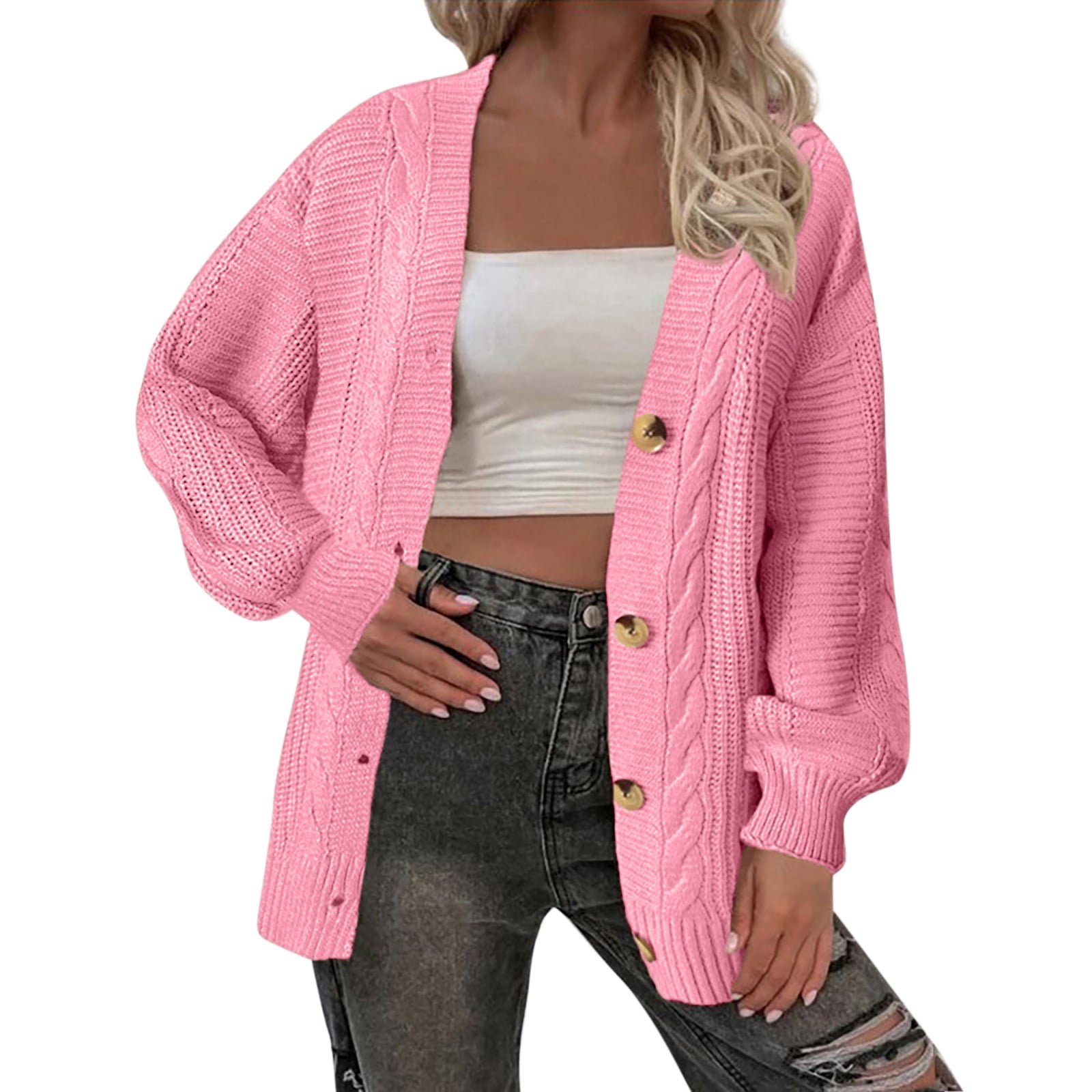 KaLI store Women s Open Front Cable Knit Long Sleeve Chunky Sweater Cardigan Pink L Walmart
