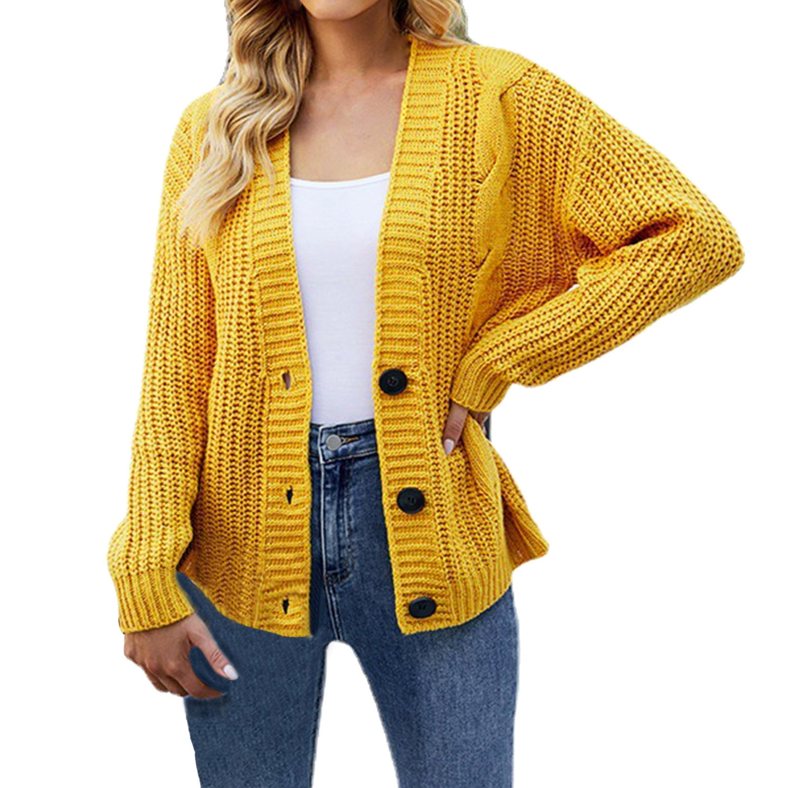 KaLI_store Long Sweater Cardigan Women Women's Open Front Cardigan Sweaters  Fashion Button Down Cable Knit Outwear Coats Yellow,S
