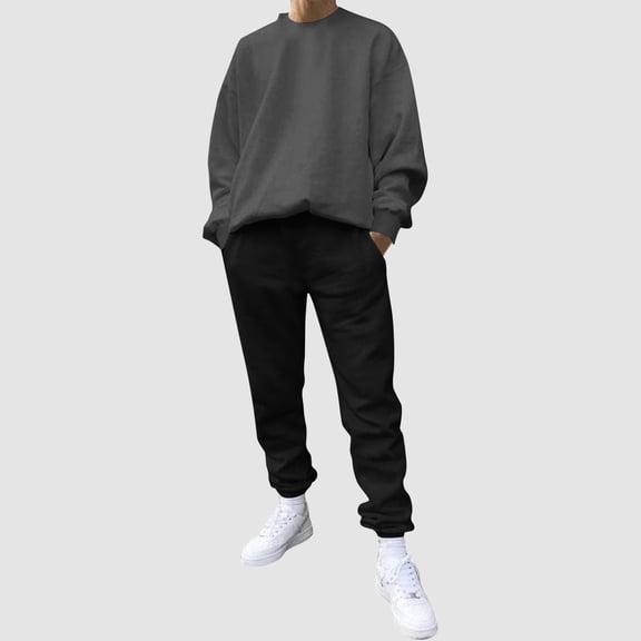 KaLI_store Men Tracksuit Set Solid Color 2 Piece Drawstring Jogging Suits Pullover Sweatsuit Mens Tops and Sweatpants Long Sleeve Jogger Sets Grey,3XL
