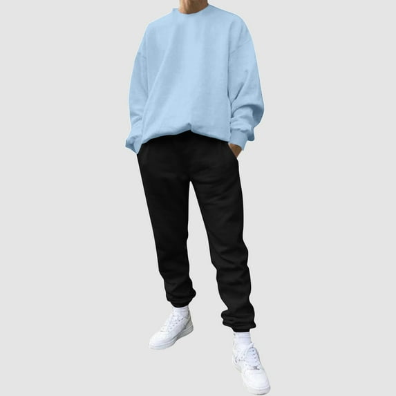 KaLI_store Men Tracksuit Set Solid Color 2 Piece Drawstring Jogging Suits Pullover Sweatsuit Mens Tops and Sweatpants Long Sleeve Jogger Sets Light Blue,3XL