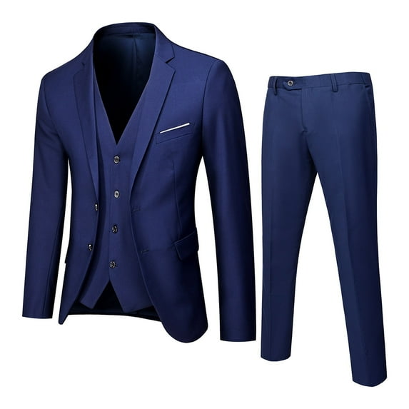 KaLI_store Men's 3-Piece Suit Set with Jacket, Vest, and Expandable Waist Dress Pants(Navy,M)