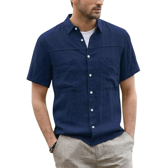 KaLI_store Men's Casual Button-Down Shirts Men's Short Sleeve Dress Shirts Casual Button Down Shirt Navy,L