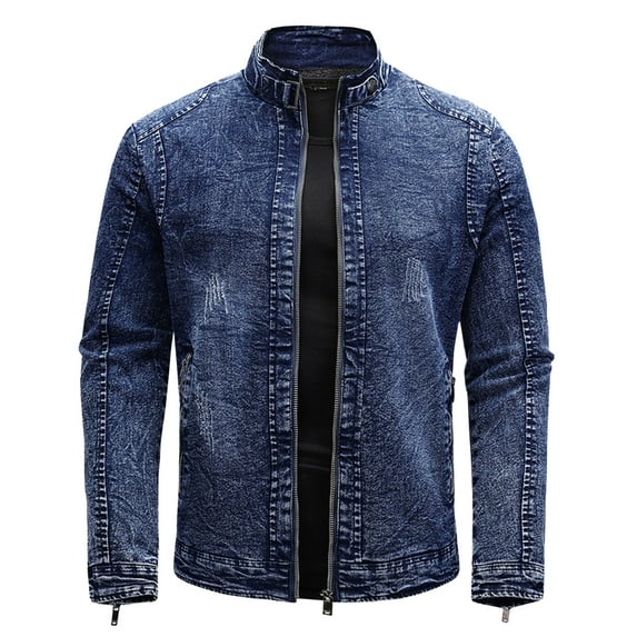 KaLI_store Men's Denim Jackets Men’s Cotton Denim Jacket with Button Closure Outerwear Blue,L