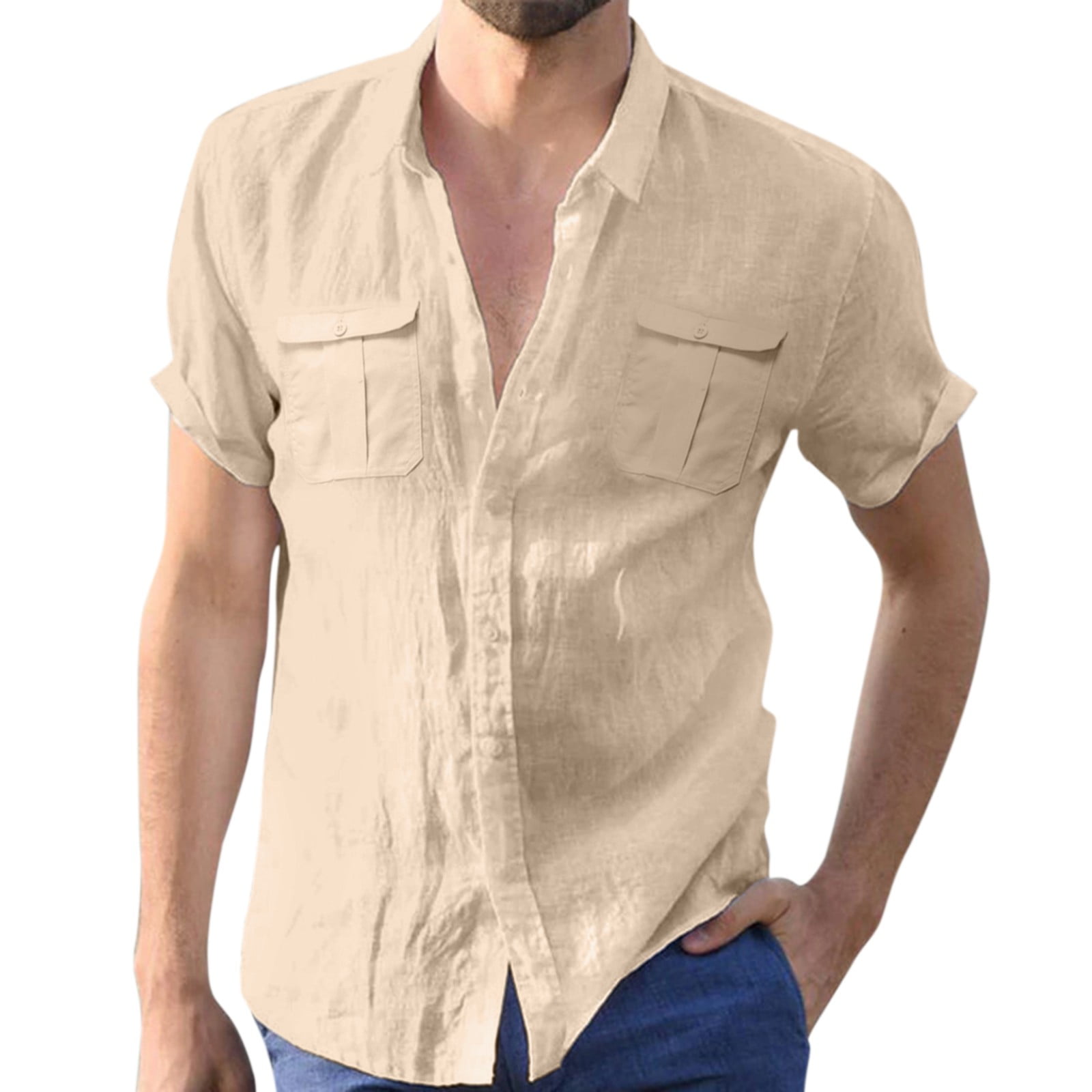 KaLI store Men s Dress Shirts Men s Casual Button Down Short Sleeve Dress Work Shirt Oxford Solid Shirts for Men Khaki XXL
