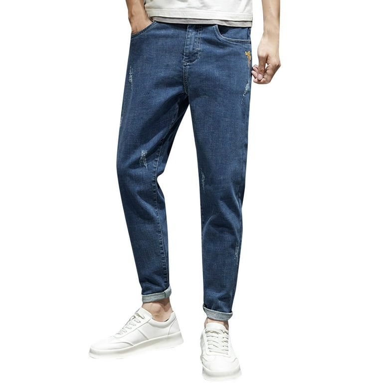 KaLI_store Men's Pants Men's Bike Jeans and Skinny Slim Fit Stretch Straight  Leg Fashion Jeans Dark Blue,28 