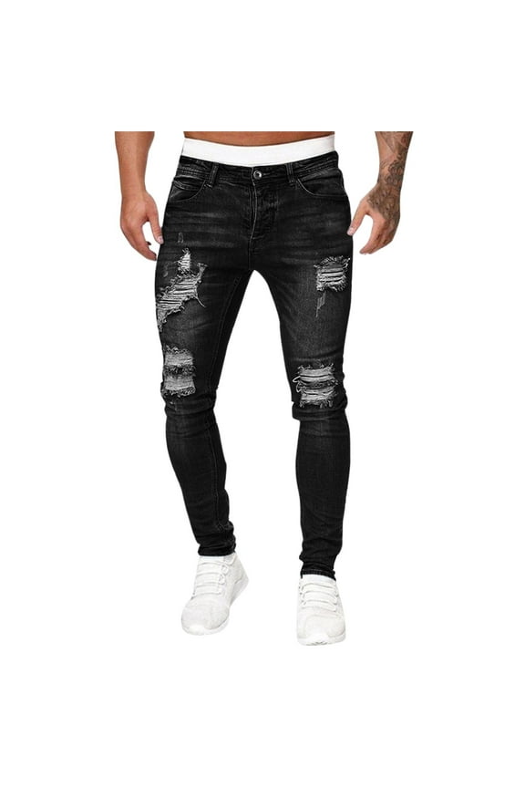 Men's Pants Men's Stretchy Ripped Skinny Jeans Taped Slim Fit Denim Jeans Black,3XL