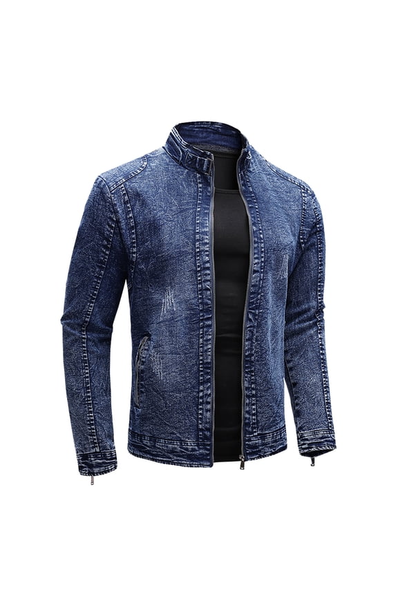 Mens Denim Jacket Men's Vintage Stand Collar Denim Jeans Jacket Trench Coat Blue,XL