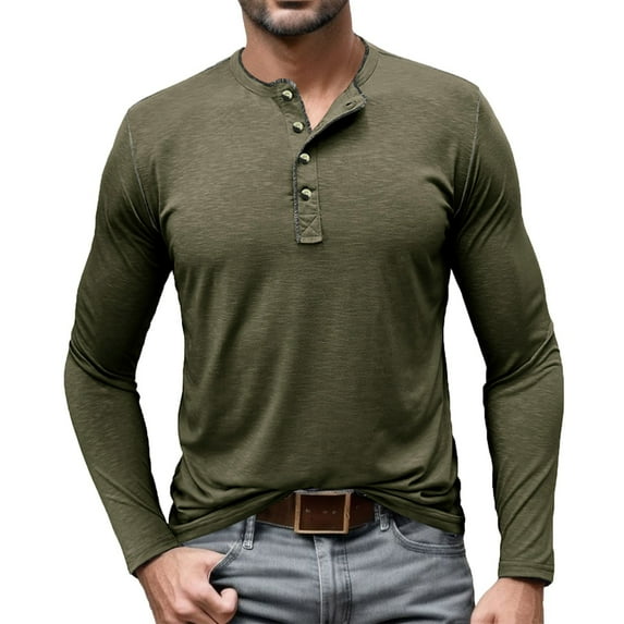 KaLI_store Mens Linen Shirt Mens Casual Slim Fit Basic Henley Long Sleeve Fashion T-Shirt AG,M