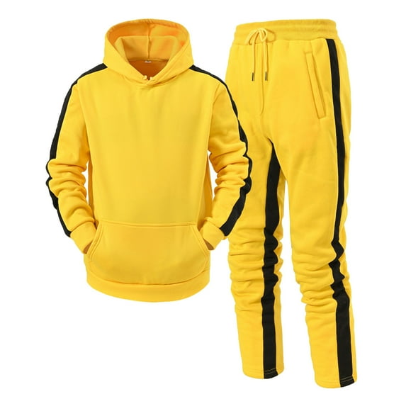 KaLI_store Mens Outfits Hoodie Printed Sport Hoodie Sweatshirt Sweatpants Pocket Jacket Pullover Tops Suit Yellow,XL