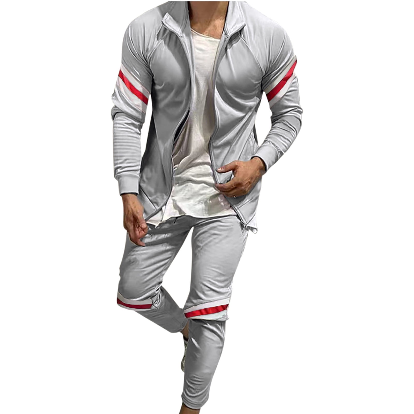 KaLI_store Mens Suits Slim Fit Mens Long Sleeve Sweatshirts 2 Piece Outfits  Tracksuits Striped Patchwork Hoodies and Sweatpants Sets Grey,XL