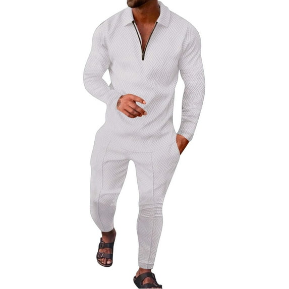 KaLI_store Mens Suits Slim Fit Mens Polo Shirts Sets 2 Piece Outfits Shirt Fashion Tracksuits Casual Long Sleeve Pants Set B,L