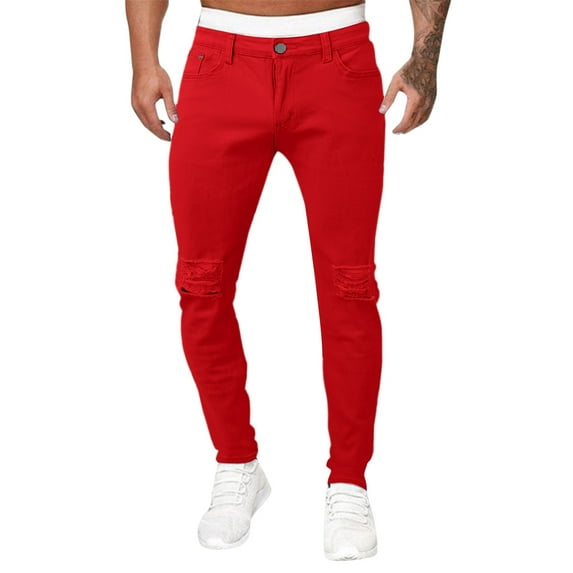 KaLI_store Pants for Men Jeans Pants Slim Fit, Younger-Looking Fashionable Colorful Comfy Stretch Jeans Pants for Men, Skinny Jeans Stretch Fit Red,40