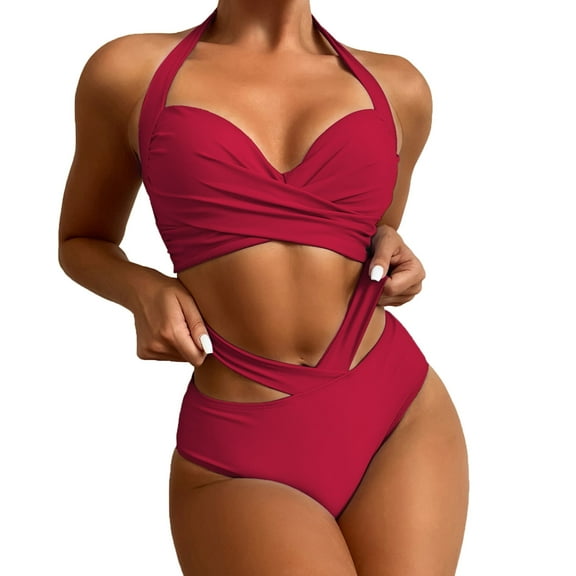 KaLI_store Plus Size Swimsuit for Women Women's Halter Ruffle High Waisted Bikini Two Piece Swimsuits Bathing Suits Red,XXL