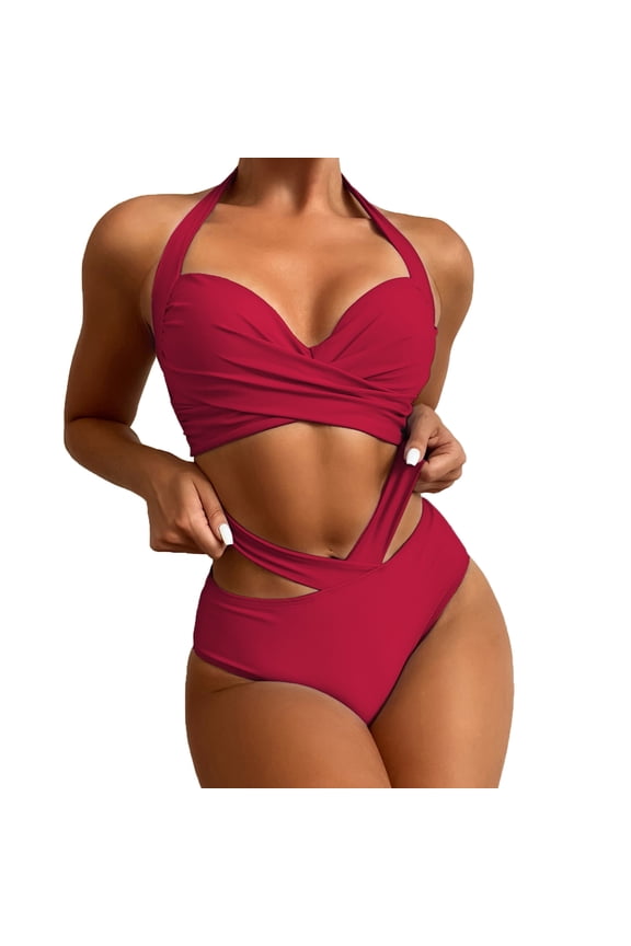 Plus Size Swimsuit for Women Women's Halter Ruffle High Waisted Bikini Two Piece Swimsuits Bathing Suits Red,XXL