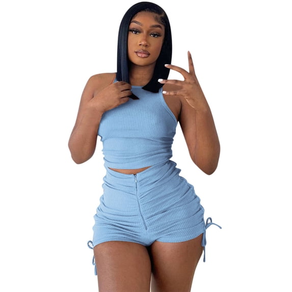 KaLI_store Short Sets Women 2 Piece Outfits Two Piece Outfits for Women Sets Button Down Top and Shorts Set Sweatsuits with Pockets Light Blue,L