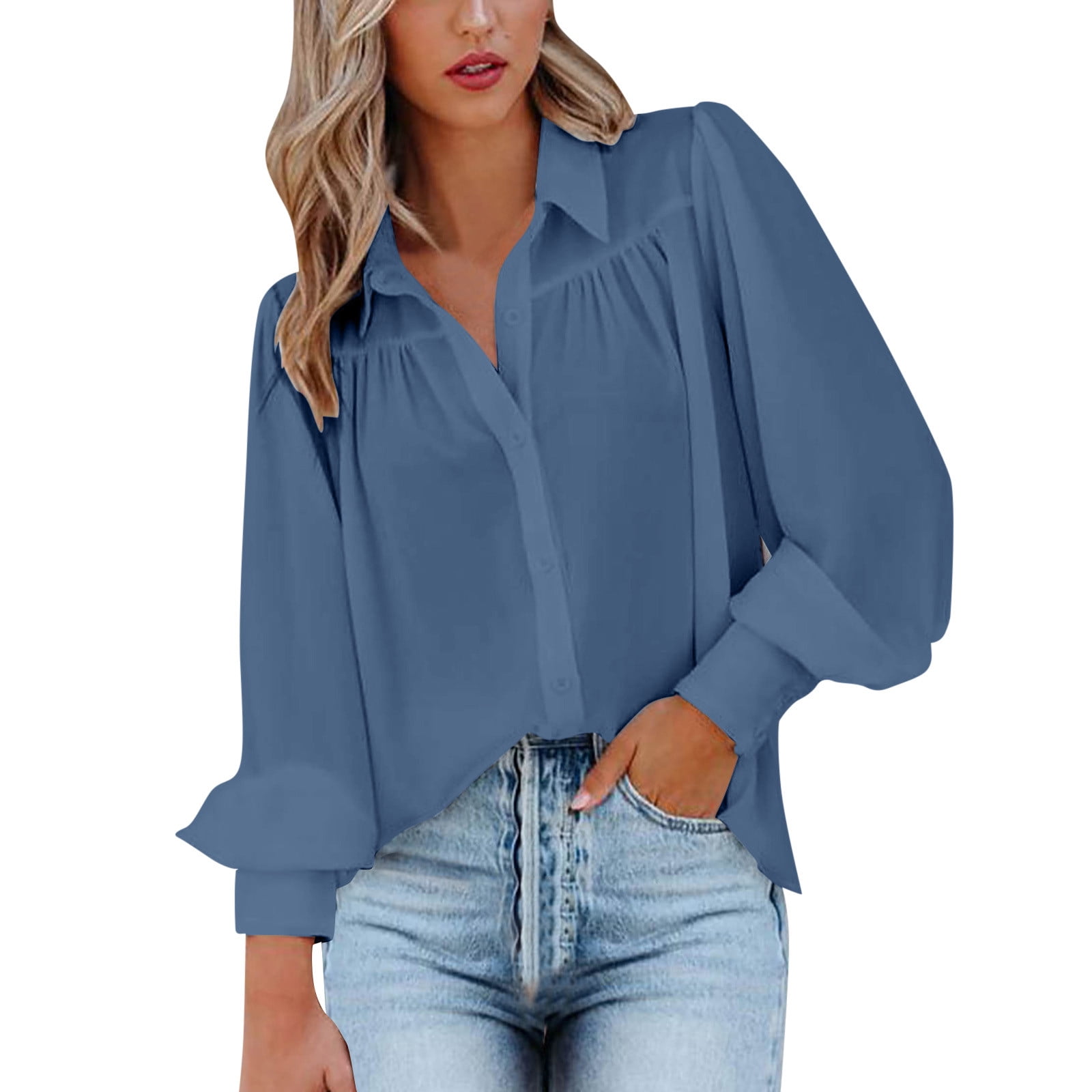 KaLI_store Short Sleeve Shirts for Women Womens Button Down Shirts Stretchy  Long Sleeve Basic Work Formal Casual Blouse Blue,M