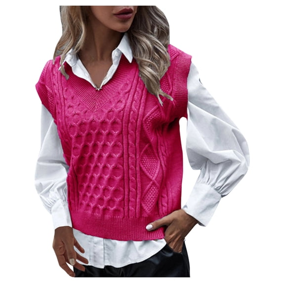 KaLI_store Sleeveless Sweater Tops For Women Womens Oversized Knit Sweater Vest V Neck Loose Solid Tunic Sleeveless Knitwear Pullover Top Hot Pink,M
