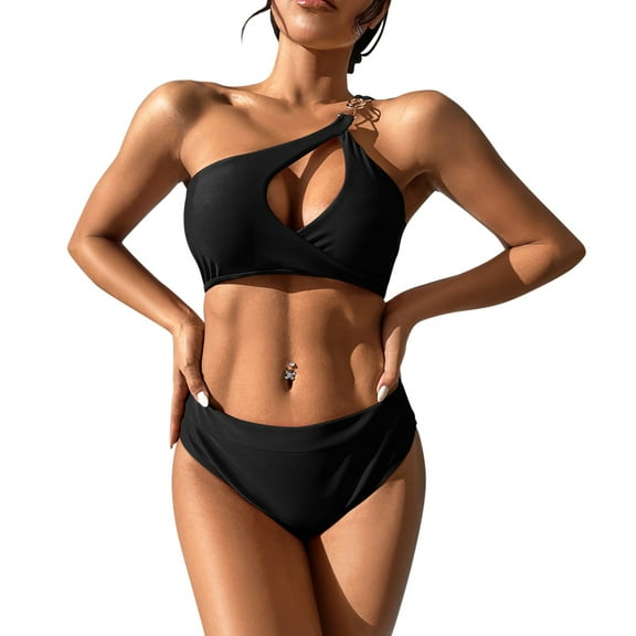 KaLI_store Swimsuit Women Tummy Control Women's Cheetah Bikini Set High Cut Adjustable Tie Bathing Suit Cutout Two Piece Swimsuit Swimwear Black,S