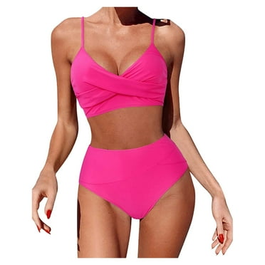 KaLI_store Swimsuits Womens High Waisted Swimsuits Two Piece High Neck Bathing Suits Cutout High Cut Cute Bikinis Pink,S