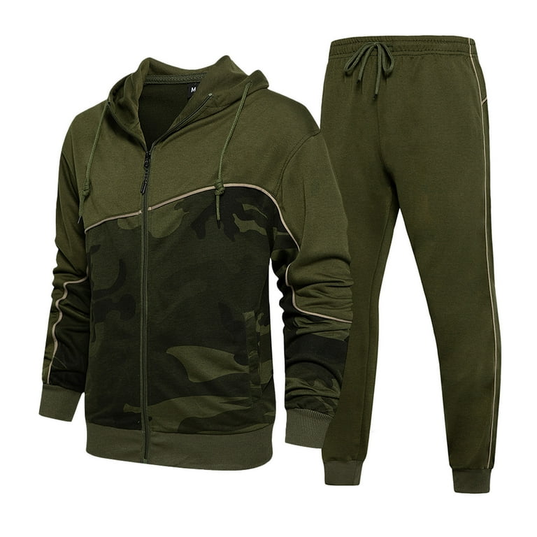 KaLI store Tracksuit Men Hoodie And Sweatpants Suit Pullover Tracksuit Set 2 Piece Sweatshirt Suit Army Green S