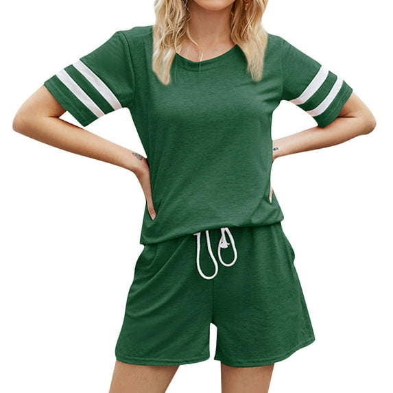 KaLI_store Two Piece Short Set for Women Two Piece Outfits for Women Short Sleeve Round Neck Biker Shorts Set Tracksuits Green,M