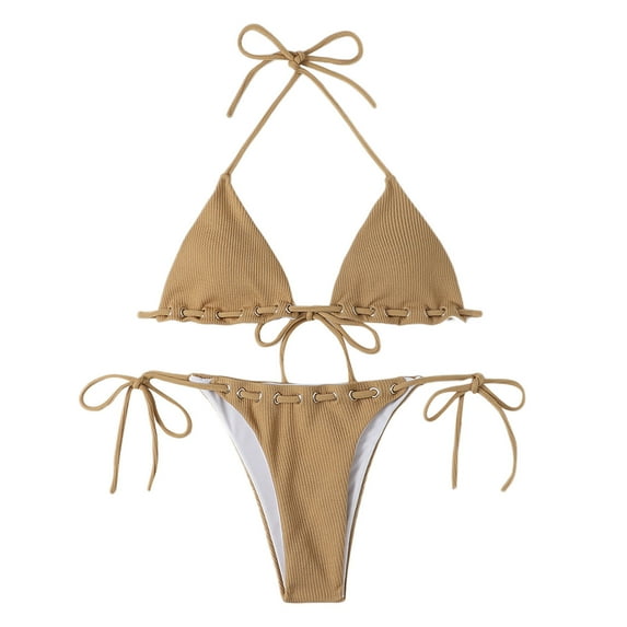 KaLI_store Two Piece Swimsuit for Women Women's Halter Tie Side Triangle Bikini Set high Cut 2 Piece Bikini Swimsuit Bathing Suit Coffee,XL