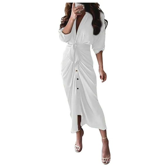 KaLI_store Wedding Guest Dresses for Women Dresses for Women Summer Beach Short Sleeve Dress Button Down Dresses with Pockets White,S