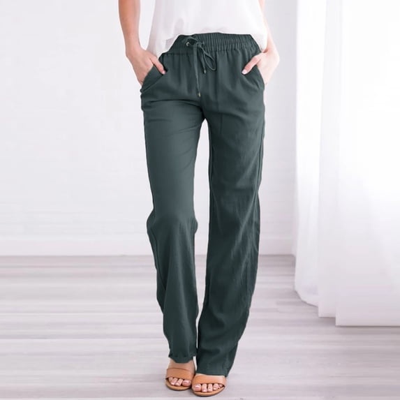 KaLI_store White Linen Pants Women,Women's Straight Pants Stretch Slim Skinny Solid Trousers Casual Business Office
