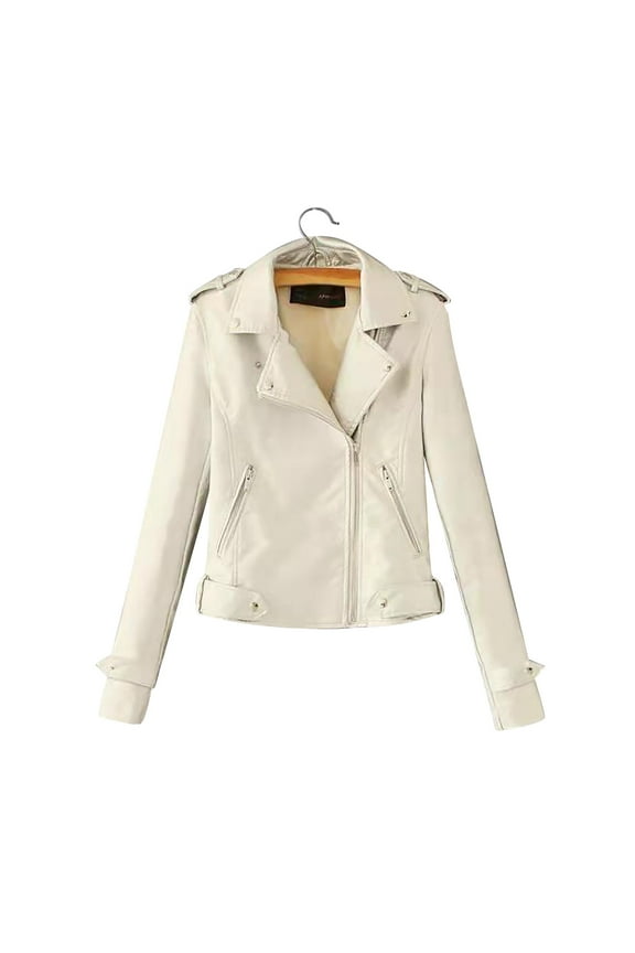Women Jacket Women's Fashion Leather Jackets Lightweight Solid Color Zip Up Slim Short PU Coat White,XL
