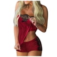 thumbnail image 1 of KaLI_store Women Pajama Set Lace Trim Short PJ Set Modal V Neck Sleeveless Sleepwear Drawstring Waist Nightwear Red,M, 1 of 5