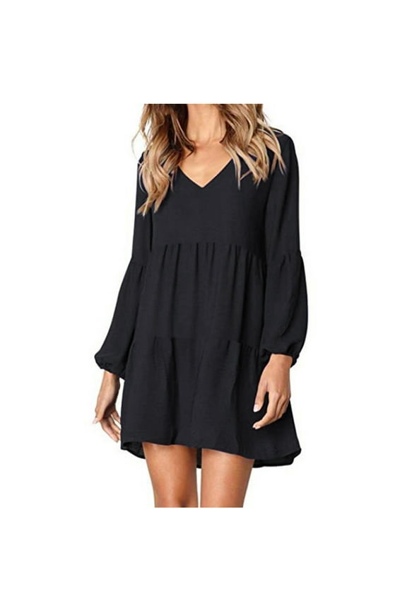 Women's Casual Dresses Women's Summer Dress Mini Dress Solid Loose Short Flowy Pleated Dress Black,L