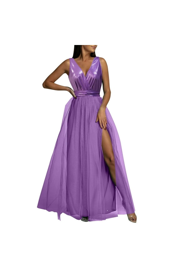 Women's Formal Dresses Women Sleeveless V Neck Bodycon Split Evening Long Dress Purple,XL