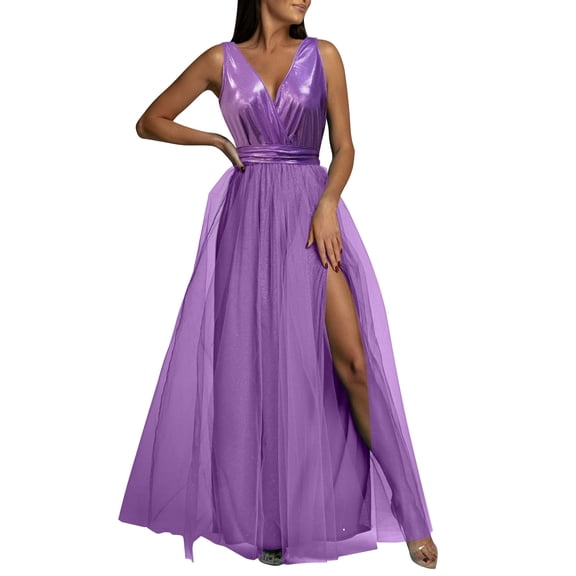 KaLI_store Women's Formal Dresses Women Sleeveless V Neck Bodycon Split Evening Long Dress Purple,XL
