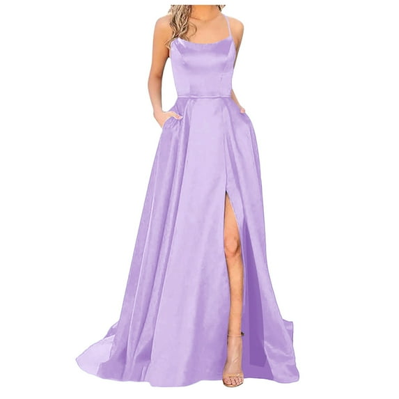 KaLI_store Women's Formal Dresses Women's Summer Formal Dresses Sleeveless Spaghetti Strap Ruched Body Wedding Guest Maxi Dress Z2-Purple,L