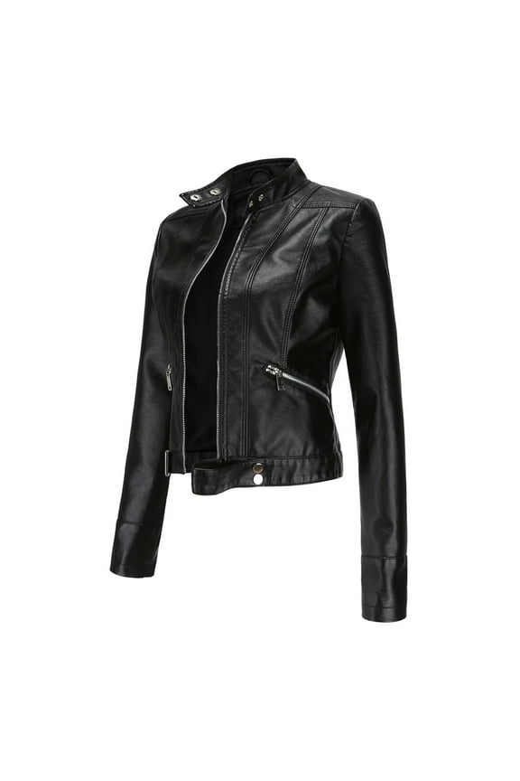 Women's Leather & Leather Jackets & Coats Women's Candy Color Asymmetric Zip Slim Leather Cropped Moto Jacket Black,XL