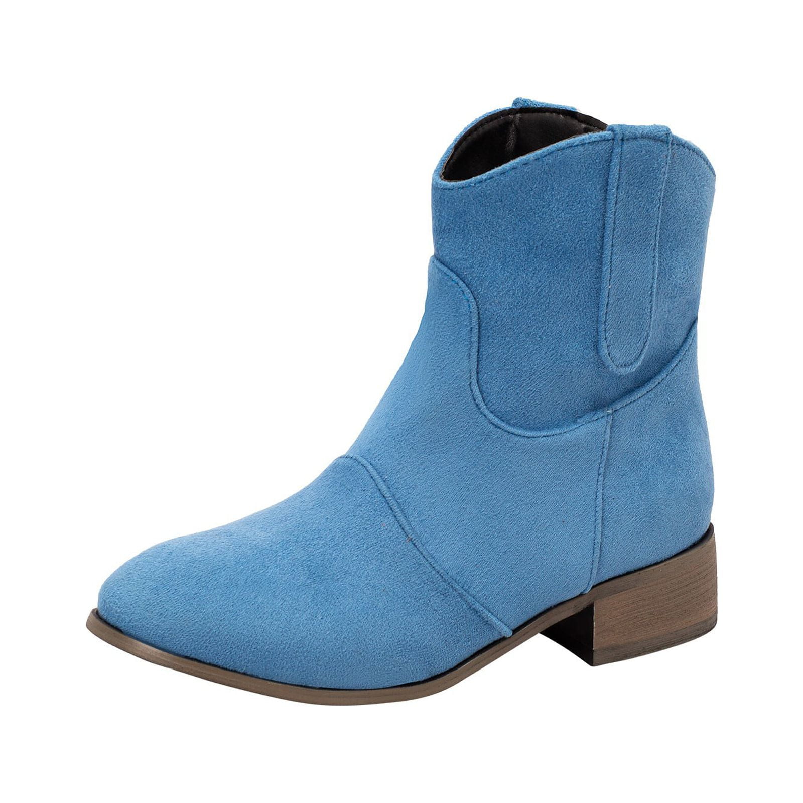 KaLI store Womens Booties Women Western Stitched Pointe Toe Low Heel Ankle Mid Shaft Boots Light Blue 6.5