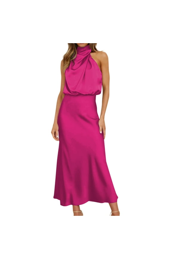 Womens Formal Dresses Women's Spaghetti Straps Split Hem Sleeveless Zipper Bodycon Midi Dress Hot Pink,L