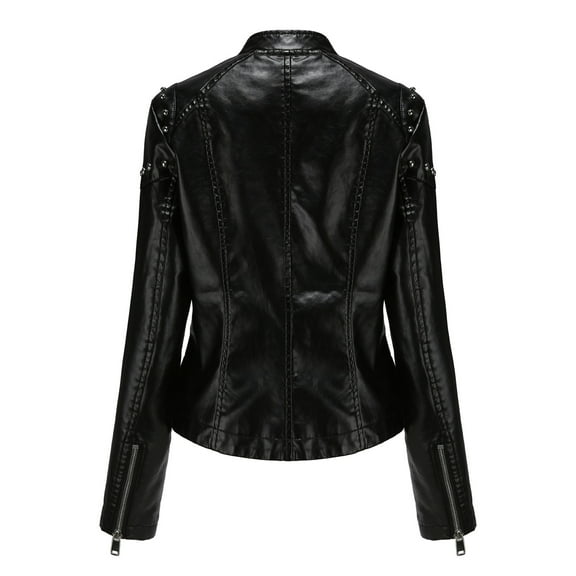 KaLI_store Womens Jacket Womens Clothing Semi Fitted Vegan Leather Motorcycle Jacket Black,L