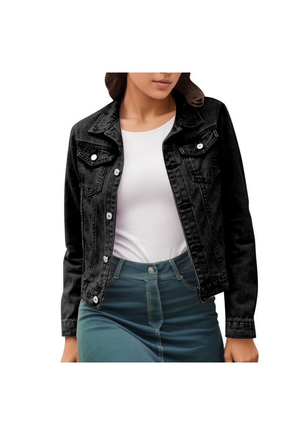 Womens Jean Jacket Women's Embroidered Pearls Rivet Denim Jacket Casual Loose Short Jean Coat Black,XL