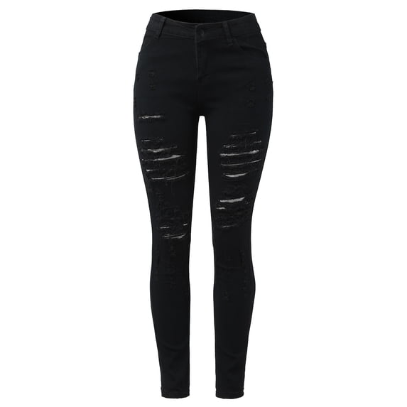 KaLI_store Womens Jeans Women Stretch Ripped High Waisted Jeans Frayed Raw Hem Distressed Denim Pants with Hole Black,L